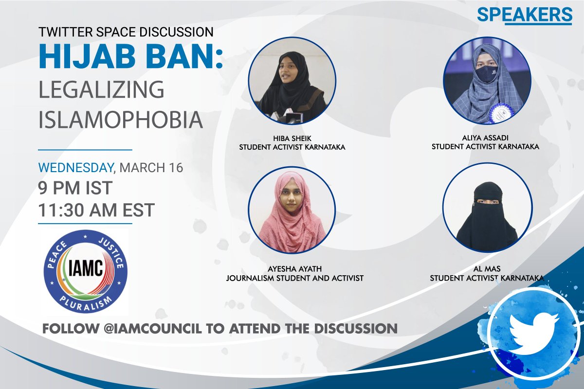 Tomorrow (March 16), we'll be having our first Twitter space event where <a href="/AminaaKausar/">أمينة</a> &amp; <a href="/SoSaysSafa/">Safa Ahmed 🍉</a> will be hosting  <a href="/sheik_hiba/">Hiba Sheik</a>, <a href="/AyeshaAyath/">AYATH</a>, <a href="/Aliyassadi/">Aliya Assadi</a>, <a href="/Ah_Almas12/">Almas</a> to discuss the #HijabBan in India's Karnataka state.

When: 9 PM IST / 11:30 AM EST

Don't miss it!