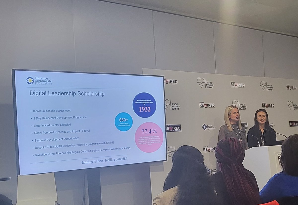 EmmaArrowsmith5's tweet photo. Listening to Lisa &amp; Holly both highly inspiring nurses sharing their journeys so far on their Florence Nightingale scholarships! #digitalnursingsummit     @FNightingaleF #Digitalleadershipscholarahip @DHRewired #rewired2022 https://t.co/PA2LlAMdYM
