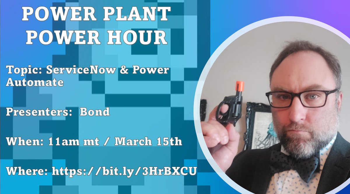 TheBebsMLC's tweet photo. James Bond theme during today's webinar with @powerautomate @MSPowerPlat @ServiceNow . Haven't had to wear a tie in forever.
#PowerAddicts #PowerCommunity #Powerthon #365Saturday #PowerPlatform #PowerApps #chatbot https://t.co/eLrugHt5UZ