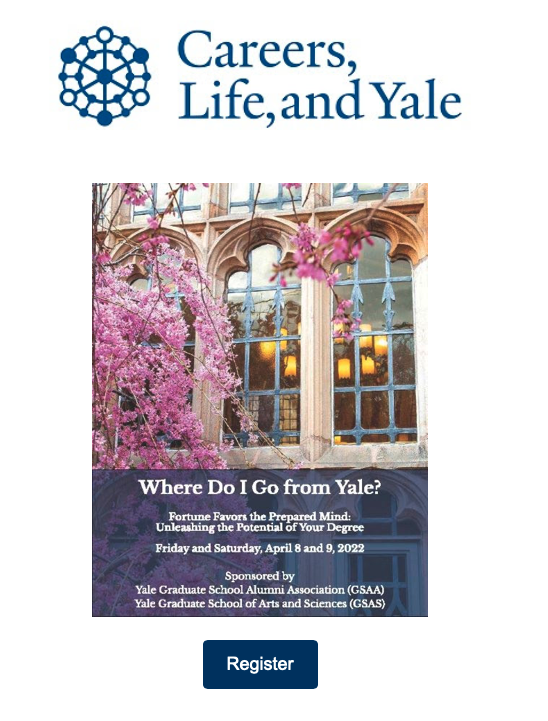 yalegsas's tweet photo. Don't forget to register for this spring's "Where Do I Go From Yale?" event! Less than one month away!! 
Register here: https://t.co/KKVIMNrBdT
@YaleAlumni @YaleGSA #yalealumni #graduatestudentlife #lifeaftergraduateschool https://t.co/LtK46ggd9J