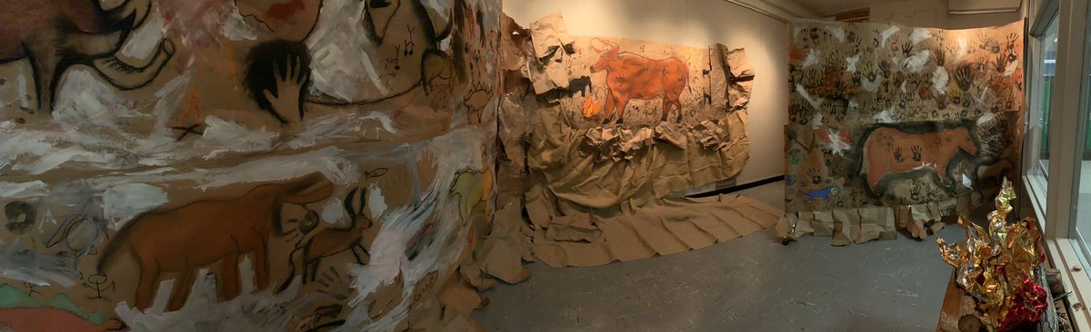 HarborfieldsArt's tweet photo. Mrs. Rottkamp’s Art History class turned our high school gallery into a prehistoric cave. The students were inspired by the cave drawings created at the Lascaux, France cave from 19,000 years ago. https://t.co/lplqnq4EOy