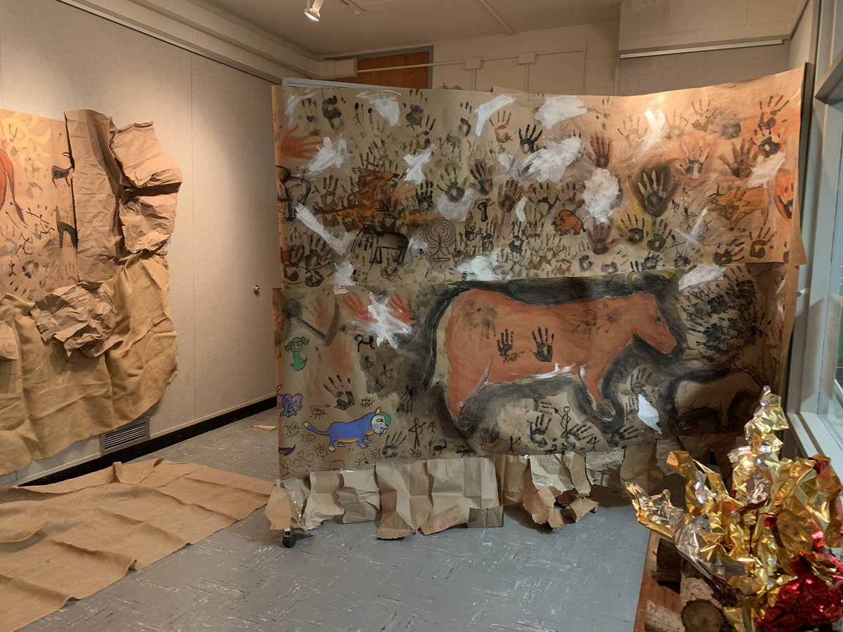 HarborfieldsArt's tweet photo. Mrs. Rottkamp’s Art History class turned our high school gallery into a prehistoric cave. The students were inspired by the cave drawings created at the Lascaux, France cave from 19,000 years ago. https://t.co/lplqnq4EOy