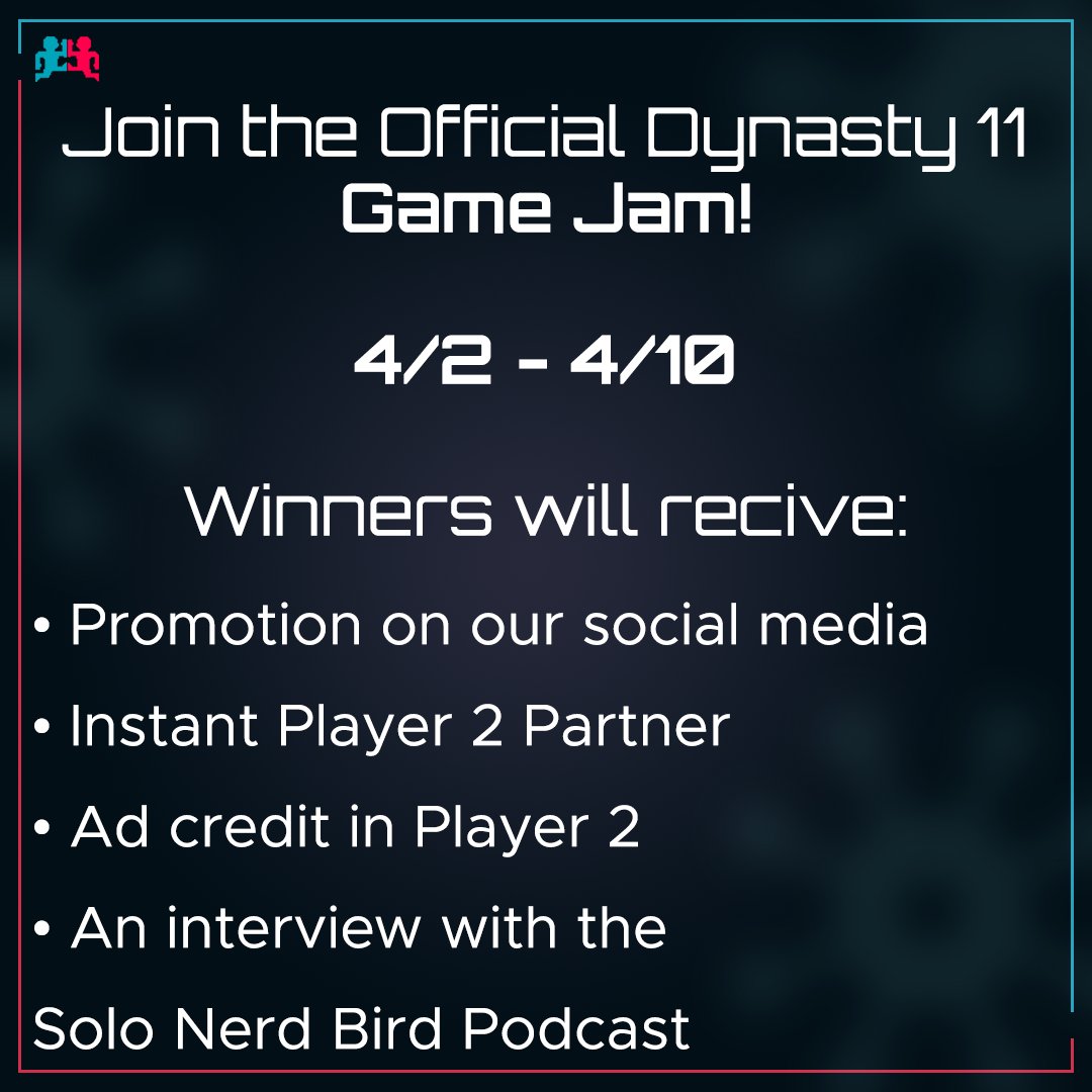 Player2theapp's tweet photo. Dynasty 11 Studios are hosting our very first game jam! Put together a team or tackle the jam solo and do your best to create something special. Theme reveal later!

Join the Jam through this link => https://t.co/Z970UFq73V

Make sure to join our Discord: https://t.co/mayo91APXY https://t.co/dx6gDGErAk