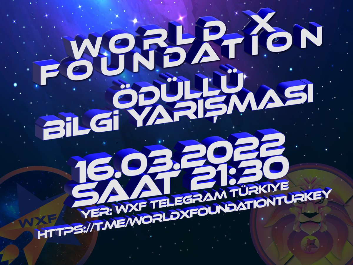 WXfoundation's tweet photo. 🌎 WXF
🦁 LXS

🎁 💸 🧥 🧢

ÖDÜLLÜ BİLGİ YARIŞMASI BAŞLIYOR!

Sizler için hazırlanan ödüllü bilgi yarışması 16.03.2022 Çarşamba günü saat 21:30'da başlayacaktır.

İŞTE ÖDÜLLER

1⃣ Polar ve Şapka (Large)
2⃣ 3000 LXS
3⃣ 2000 LXS
4⃣ 1000 LXS
5⃣ 500 LXS

YER
https://t.co/gEe3PzfSdU https://t.co/nunGgmYj0S