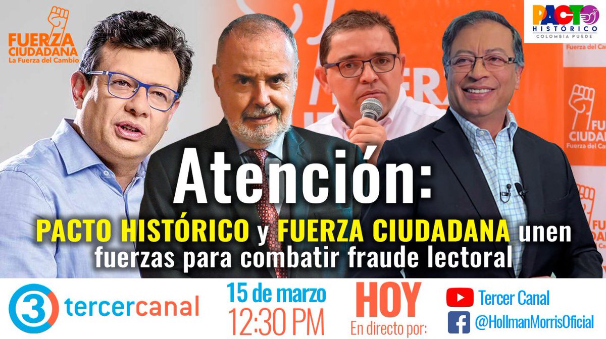 HOLLMANMORRIS's tweet photo. ATENCIÓN: @petrogustavo orienta a su equipo apoyar a Fuerza Ciudadana a encontrar votos, arranca la unidad del campo progresista. 

En minutos en @Tercer_Canal 👇🏻 https://t.co/ps9aZCZcTJ