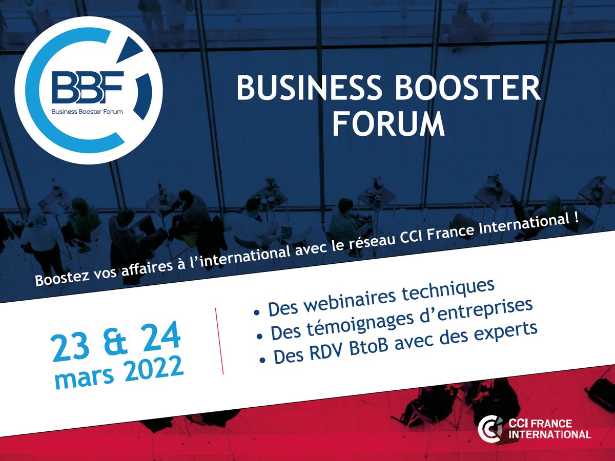 CCIFranMex's tweet photo. ¡Impulsa tu negocio por todo el mundo!
¡Participa en el #BusinessBoosterForum organizado por CCI France International!

¡No te pierdas esta oportunidad de conocer la red CCI France International presente en 96 países!

23 y 24 de marzo de 2022

🔗https://t.co/tpIWzzM4ES https://t.co/JRxO28O1Cy