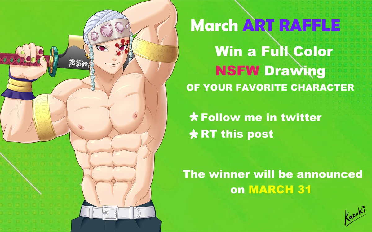 KazukiArt's tweet photo. Hello brothers this is a new raffle for you! 😁
What you have to do:
✨Follow me (new followers welcome) 
✨RT this post
One winner will receive a fully colored drawing NSFW🔥 of his Original Character or favorite Anime Character https://t.co/AAHdi64VfE