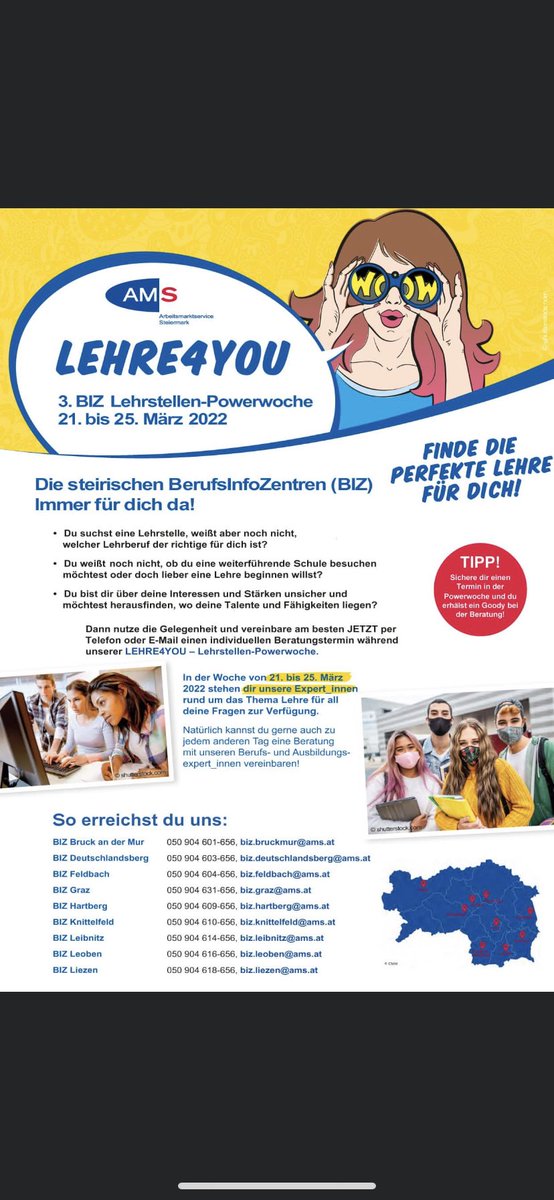 YvonnePopper's tweet photo. … die Lehrstellenangebote sind bunt und vielfältig - wir unterstützen und beraten, damit du den richtigen Lehrberuf findest - im #amssteiermark #berufsinformation #bizgraz #karrieremitlehre #ausbildung https://t.co/ZZNiDvZSqV