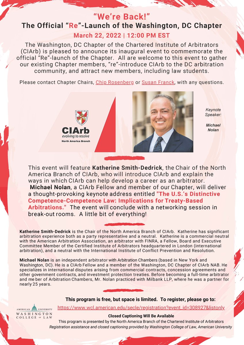 It's not too late to register for the @CIArb event of #DC chapter of @CIArbNAB a week from today! A zippy keynote by #MichaelNolan of @TheArbChambers and commentary by @KatSmithDedrick. Enjoy some innovative and provocative ways I have planned to interact! bit.ly/3w8IhNz