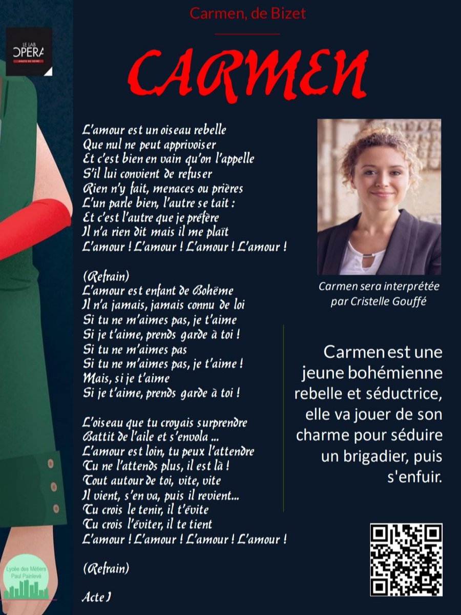 LabOpera's tweet photo. On continue, aujourd'hui on vous présente #carmen l'héroïne de l'opéra qui sera joué à #Courbevoie les 13, 14 et 15 mai 😄 #labopera #lycéepaulpainlevé https://t.co/iJl1lcKkyO