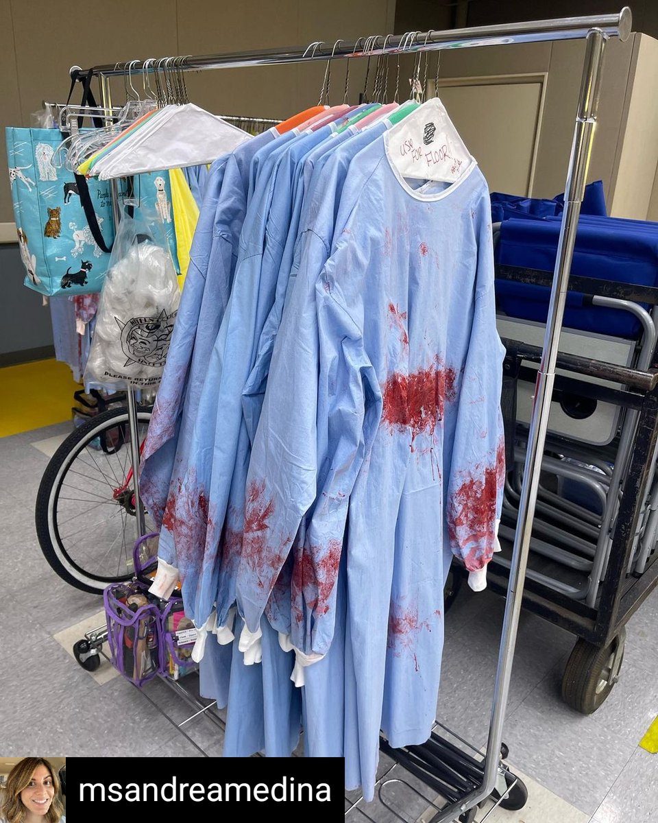 MPC705's tweet photo. Repost From IG #mpc705 # Costumer Andrea Medina.
One of my jobs as a #SetCostumer for #GreysAnatomy is to work with fake #blood!!🩸Multiple O.R. gowns had to be identically bloodied to accomplish all the takes we did... #greys #bts #motionpicturecostumers #iatse #iatse705 https://t.co/rJQtOLeRDN