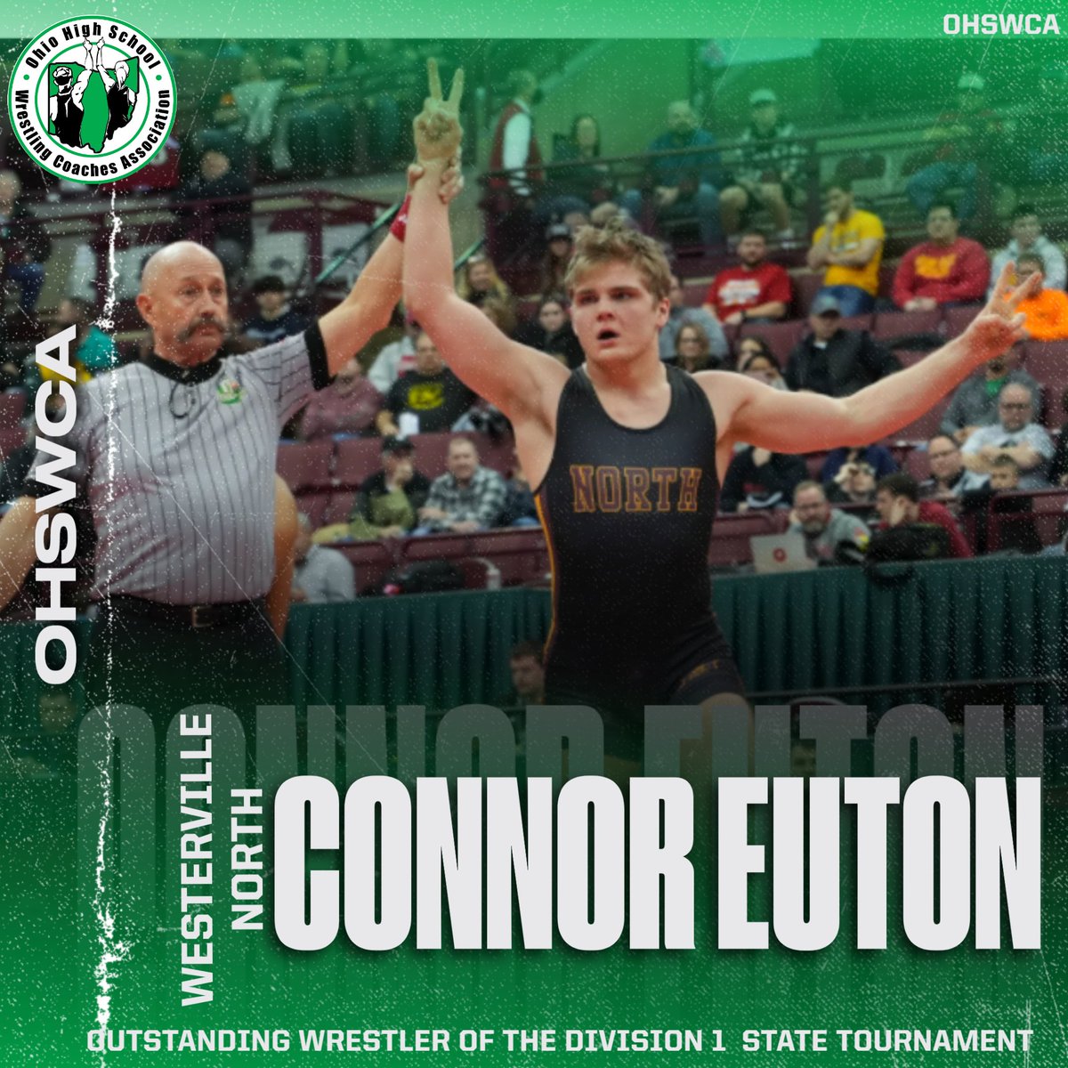 ohswca's tweet photo. Congratulations to Westerville North's Connor Euton for being named OHSWCA Outstanding wrestler of the Division 1 state tournament.  Connor finished the year 41-2 and had 2 pins and 2 TFs at this year State meet. https://t.co/9sDTTqC9qK