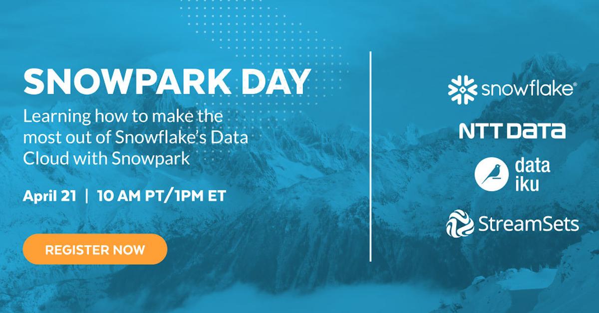 streamsets's tweet photo. Join us with @SnowflakeDB for a #Snowpark Day on Thursday April 21st. https://t.co/mfHwuYkBTA 

#StreamSets #DataIntegration #DataAnalytics #AdvancedAnalytics #Spark #MachineLearning #DataEngineering #DataQuality #DataOps #DataScience #Snowflake https://t.co/EqcNJ4JvHj
