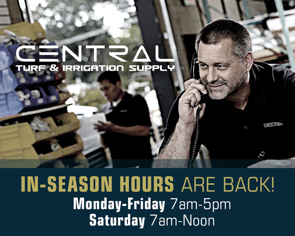 centraltpros's tweet photo. Central's In-Season Hours are back! Visit any of our 50+ locations for all your irrigation, turf, lighting, and hardscape needs. https://t.co/NE9BslsyJv #centraltis #fivedaysuntilspring https://t.co/OJuPyWLWqj
