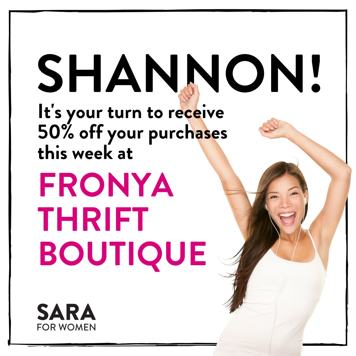 SARAforWomen's tweet photo. #Shannon! It's your turn to receive 50% off your purchases this week at #FronyaThriftBoutique* in @MissionDowntown.
*Fronya is a SARA #SocialEnterprise in #MissionBC.
#ShopLocal #WomenHelpingWomen #WorkClothes #WorkOutClothes #PartyClothes #CasualClothes #Accessories https://t.co/wmQsfDMUJi