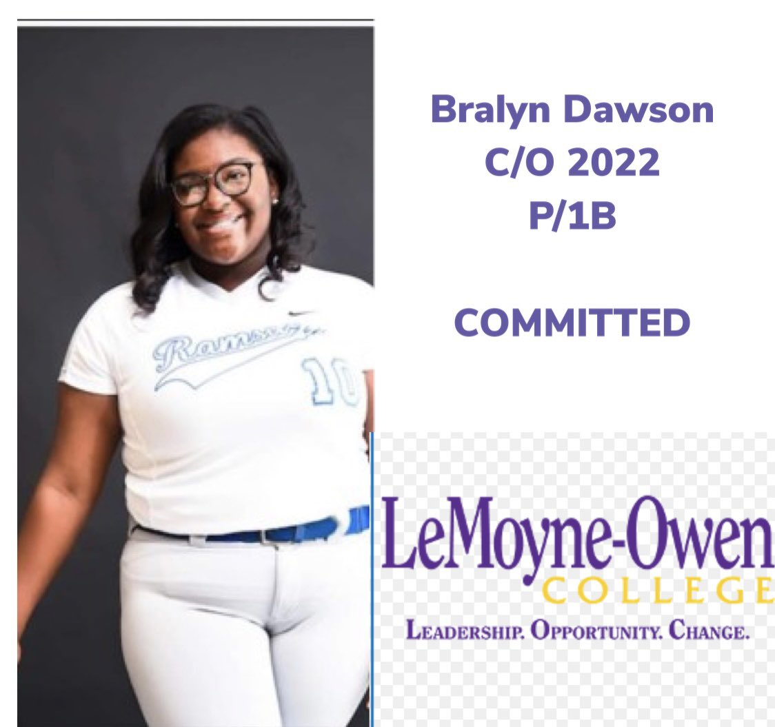 RamsaySoftball's tweet photo. Congratulations to our Senior Captain #10 Bralyn Dawson on her commitment to further her academic and athletic career at 
LeMoyne-Owen College🥎💙🥎💙💜 https://t.co/XRYlll5AHD