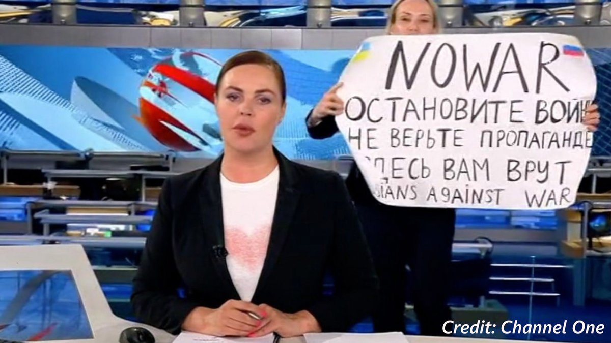 BBCWomansHour's tweet photo. 'Stop the war. No to war.'

Marina Ovsyannikova, a TV Editor on Russia’s state Channel One, burst on to set during a live broadcast last night. But what happens to women in Russia who take a stand? We talk to Professor @TomilaLankina: https://t.co/gbQvYYqM75 https://t.co/sZIHSGzStu