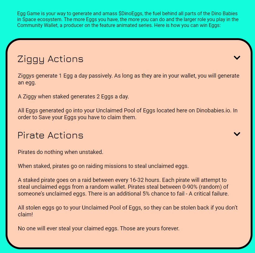 SOLD OUT! Thanks to our amazing community and a huge welcome to all the new members❤️

Season 2 is officially underway and holders can now play our P2E Egg Game. Staked Ziggys and Pirates generate $DinoEggs daily!

P2E FAQ: medium.com/@dinobabies/to…
Discord: discord.gg/dinobabiesnft