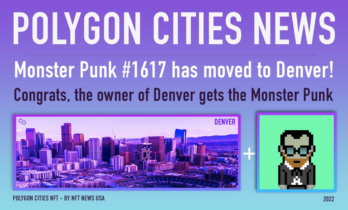 FCG_Studio's tweet photo. ((( @PolygonCities - EXTRA )))
...
Denver has a new mayor and a new citizen. @MonsterPunkClub #1617 has moved to the Mile High City.
___
#PolygonCities #MonsterPunkClub #Denver #PolygonNFT https://t.co/k7zpeyP6WJ