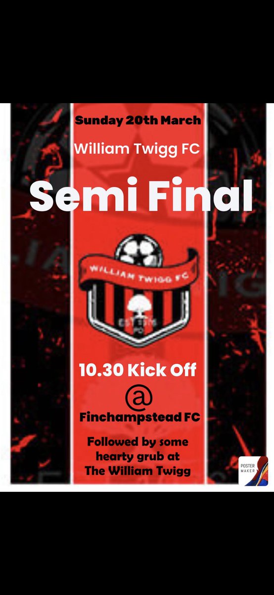 We’ve got a semi……..

We play <a href="/BrangersFC/">Bracknell Rangers</a> in the semi final of the <a href="/bracknellsunday/">Bracknell Sunday League</a> senior cup on Sunday at Finchampstead Memorial Ground.

Food will be put on at the Twigg after the game. 👍