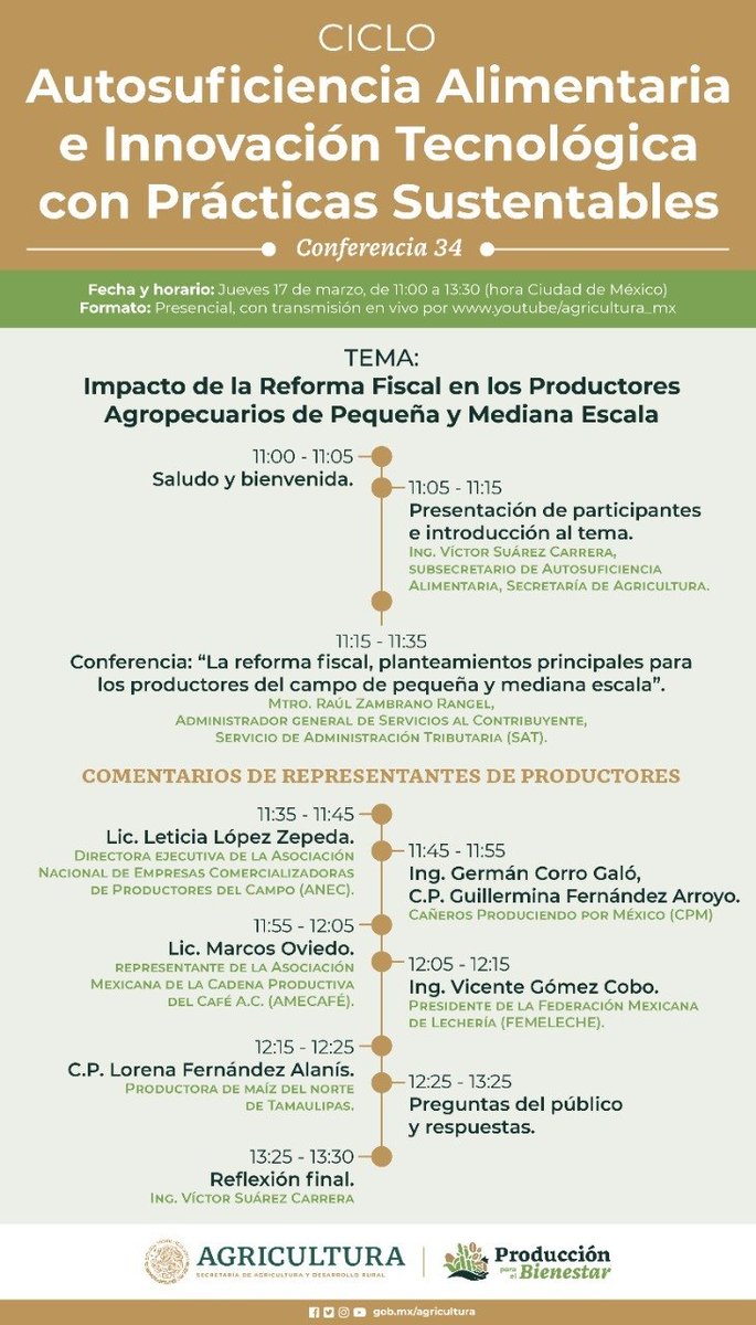 🗓️17 de marzo ⏰de 11 a 13:30 (hora #cdmx) Conferencia 34 ciclo #AutosuficienciaAlimentaria Tema de gran interés para los productores agropecuarios de pequeña y mediana escala. Estará con nosotros el Mtro. Raúl Zambrano <a href="/SATMX/">SATMX</a>
Transmisión por youtube.com/agricultura_mex