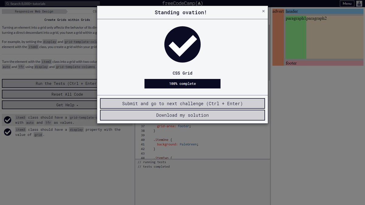 niteshstwt's tweet image. completed with grids of &quot;Responsive Web Design&quot; course by @freeCodeCamp  on day19 of #100dayofcodechallenge challenge. now time for projects. 
Let&apos;s gooo!!!

#100DaysOfCode #100Devs