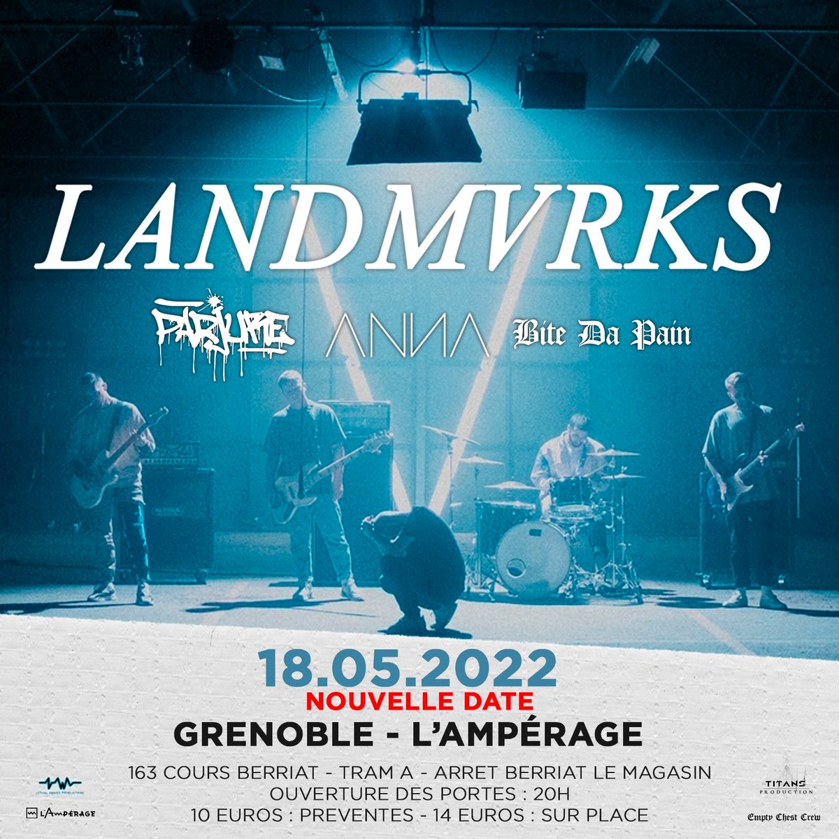 ⚠️  REPORT LANDMVRKS  ⚠️

Nous sommes malheureusement habitués aux reports de concerts, mais là c'est une première..
A cause d'un problème électrique majeur lié au bâtiment hébergeant l'Ampérage, la date de <a href="/LANDMVRKS/">𝐋𝐀𝐍𝐃𝐌𝐕𝐑𝐊𝐒</a> prévue le 17 mars est reportée au Mercredi 18 Mai !
