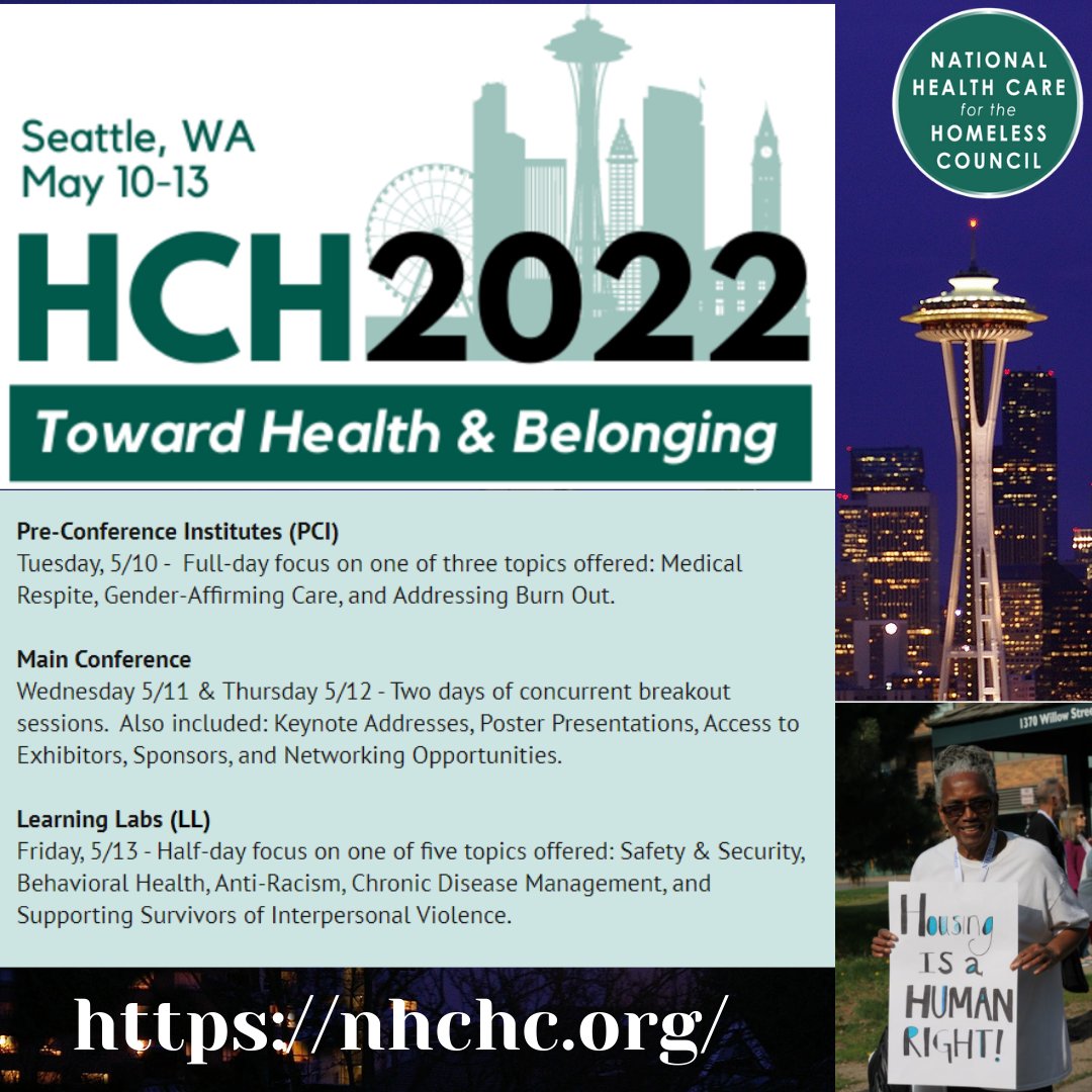 NatlHCHCouncil's tweet photo. 2022 National Health Care for the Homeless Conference &amp; Policy Symposium

May 10, 2022—May 13, 2022
.
.
.
.
#symposium #education #research #health #event #webinar #seattle #hch2022 #bobbywatts  #experiencinghomelessness #conference #bellevue #hyattregencybellevue #breakoutrooms https://t.co/lMz4Q7kkmx