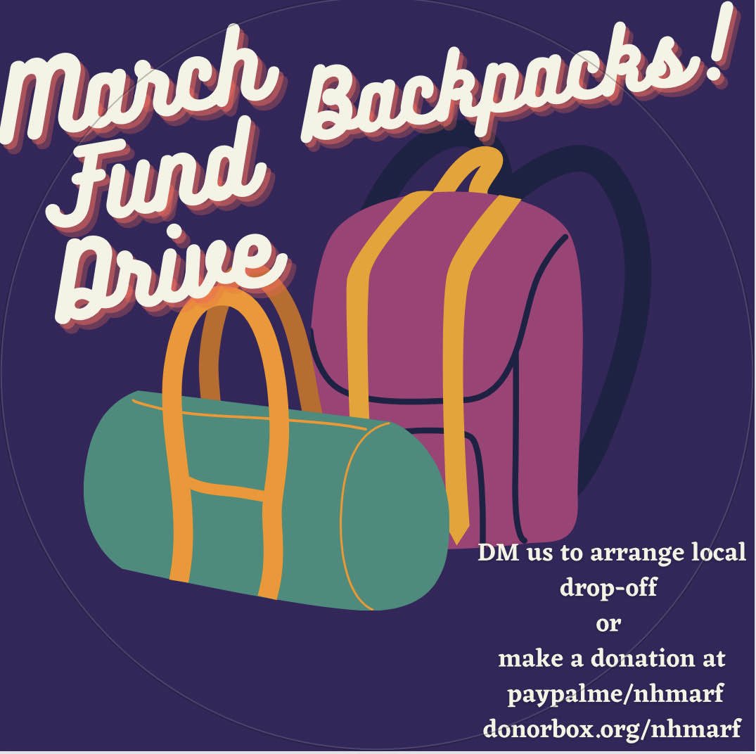 nhmarf's tweet image. It’s mid-month and we are still collecting donations of new or gently-used adult-sized backpacks/duffel bags, as well as $ donations for a bulk purchase of backpacks. Please mark PayPal and Donorbox donations as for the backpack drive 🎒 

donorbox.org/nhmarf