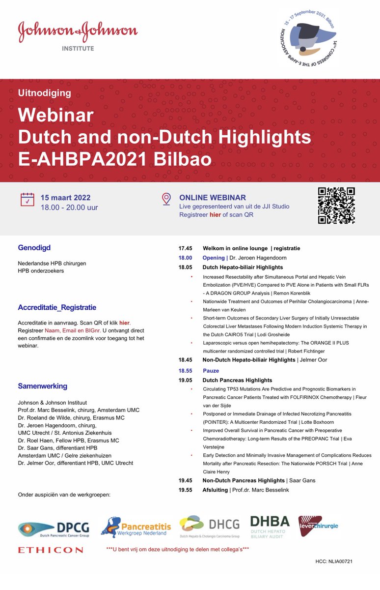 MarcBesselink's tweet photo. We are live! A longstanding (12 yrs) #Dutch tradition: the #Highlights of @EAHPBA & @IHPBA meetings! Now: #EAHPBA2021 Bilbao highlights incl #ORANGE2+, #PORSCH and #POINTER multicenter randomized trials! 101 #HPB surgeons, nurse specialists and PhD students celebrating HPB https://t.co/MBS2lipOXF