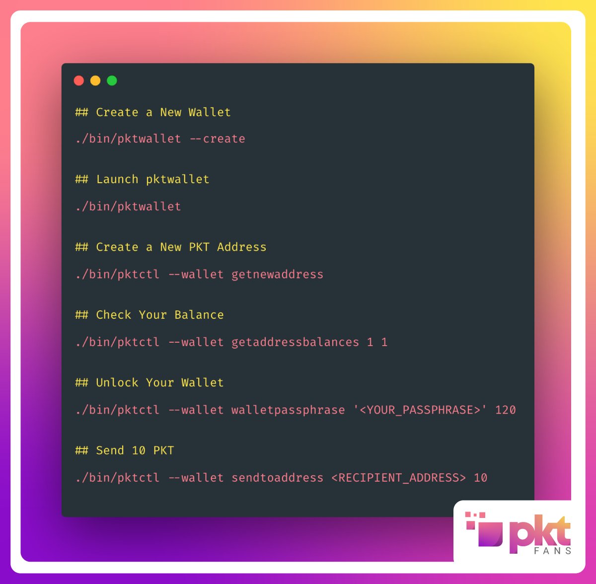 PKTFans's tweet photo. Just getting started with pktwallet? We've got you covered π
Here's a handy cheatsheet with the most used commands π
#PKTpaysYOU $PKT $wPKT #BandwidthMining #Crypto https://t.co/zASWarThyt