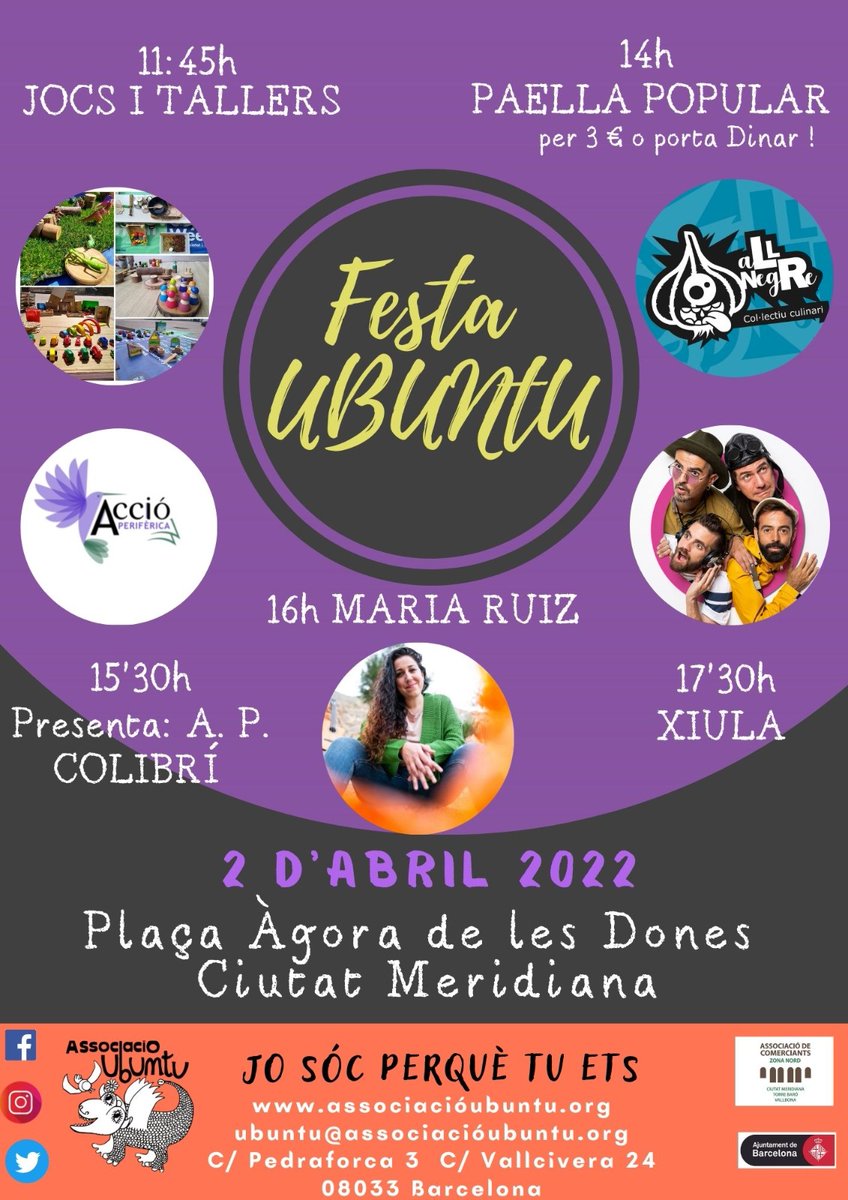 FestaUbuntu'22,volem cel.lebrar amb totes vosaltres els 14 anys de de vida a NouBarris! Us esperem!! @xiulaoficial #UsEsTiMeMBastant com les Balenes als Oceans💜 @MariaRuiz_music La #PrimaveraEsNuestra gracias por venir a compartir #ElVuelo💜  @AccioPeriferica desaprendiendo💜🌈