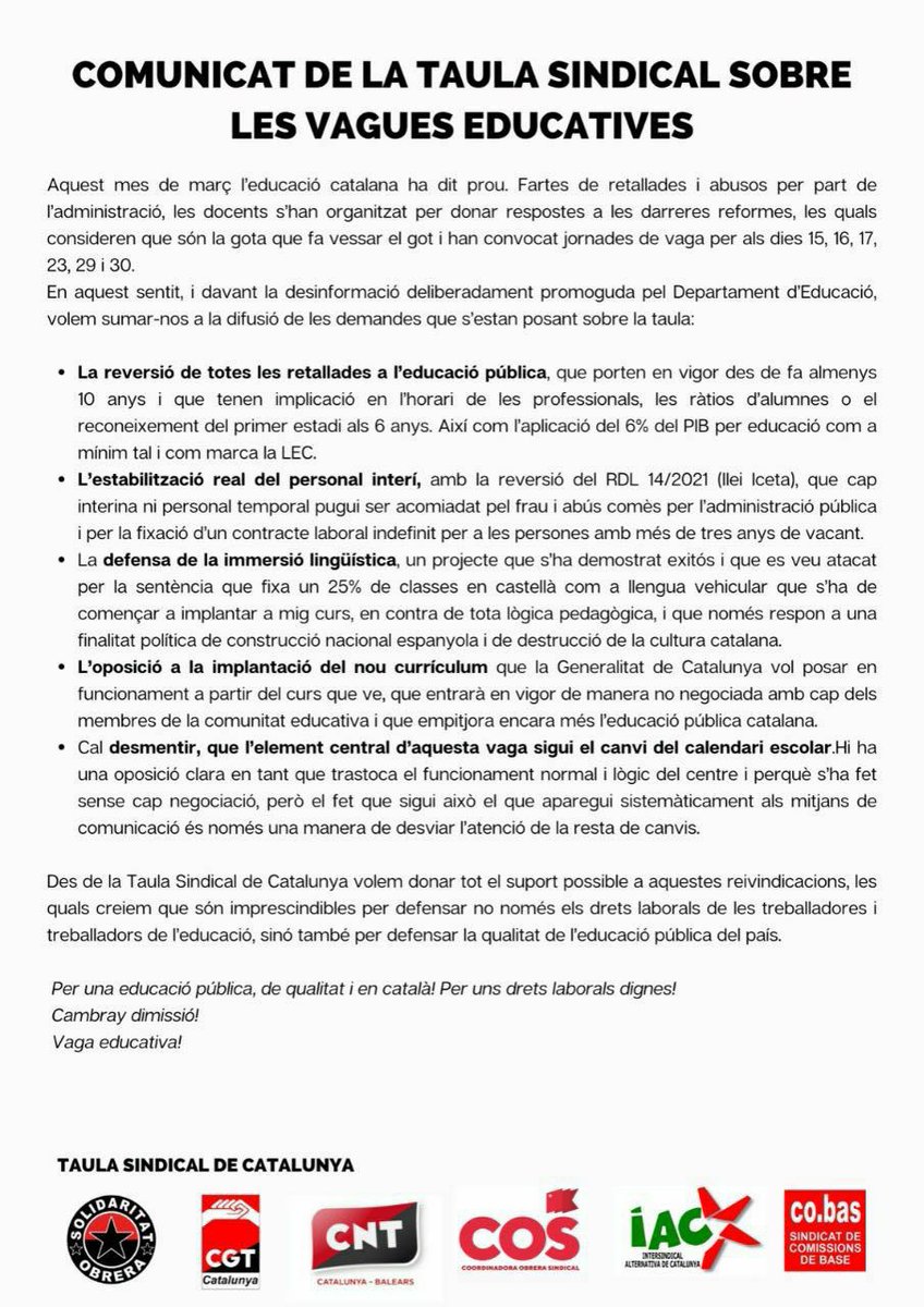 Avui primera jornada de vaga a l'ensenyament. Més que justificada. Prou prepotència del Departament. Respecte. Reconeixement. Recursos. Diàleg.