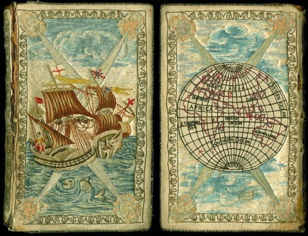 Embroidered front and back covers of a 1791 edition of Robinson Crusoe — featured in our essay "Pens and Needles", on the Victorian revival of embroidered book covers: buff.ly/3tVsjnd