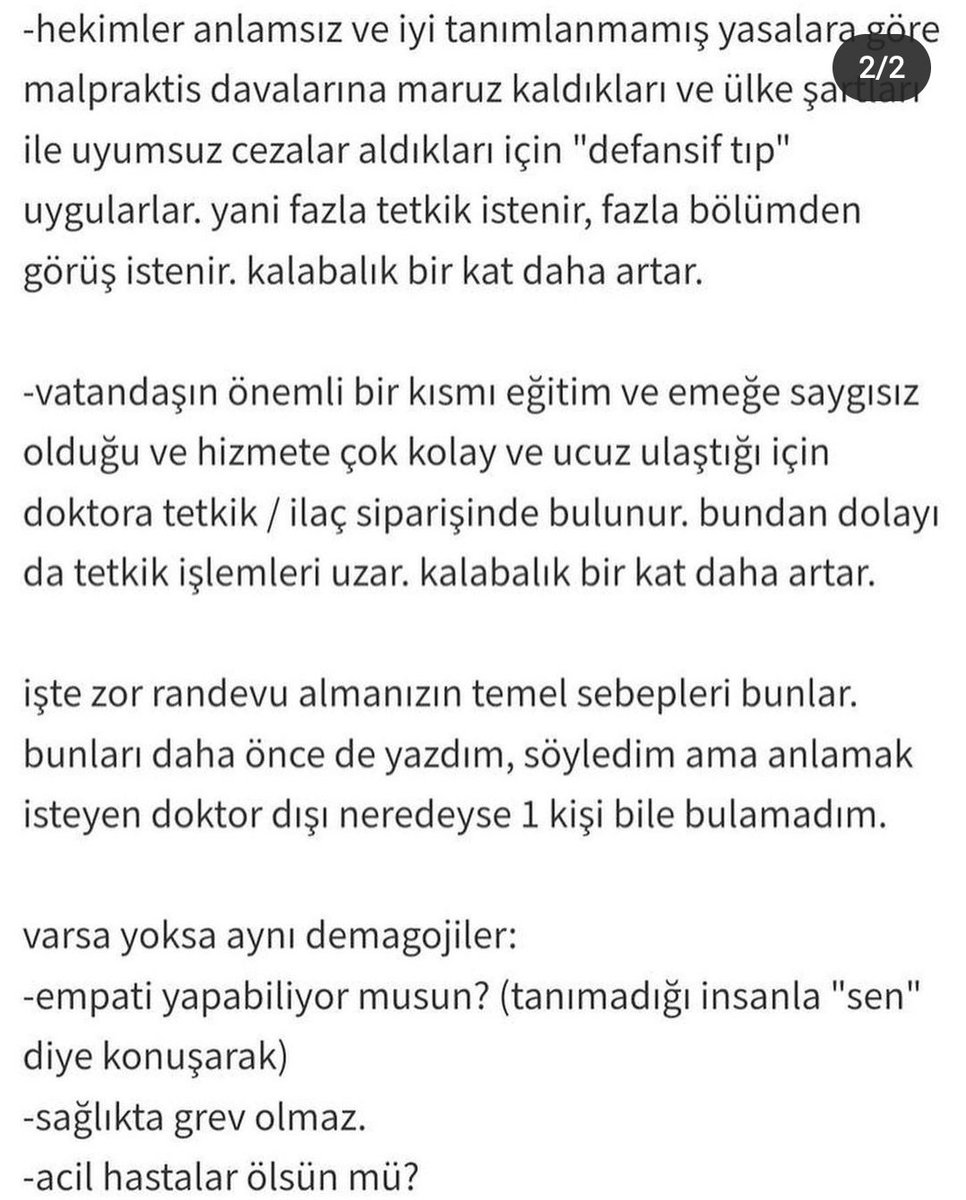 Yazarımız randevu bulamayan hastalar için konuyu çok iyi özetlemiş. Sağlık hizmeti alan halkımız konuyu anlamak için aşağıdakileri güzelce bir okuyabilir. Grevdeki taleplerimzden en önemlisi sistemin sorunlarını çözmek, halk grevi özellikle bu yüzden desteklemeli  #hekimlergrevde