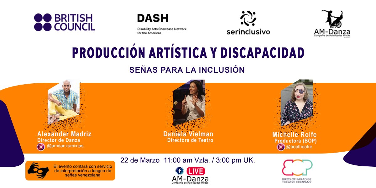 amdanzamixta's tweet photo. Te invitamos al Foro: “Producción artística y discapacidad”, por el Facebook Live de AM Danza Mixta. Participarán 
la compañía de teatro escocesa @boptheatre, AM Danza Mixta y la Compañía Nacional de Teatro Down APOYE. https://t.co/f7GkQyLwdR https://t.co/xKC0h2NDrE