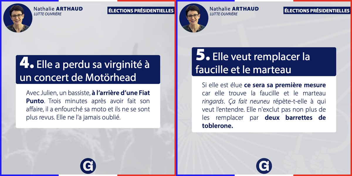 le_gorafi's tweet photo. Portrait de candidat : Nathalie Arthaud.
Connaissez-vous Nathalie Arthaud ? Voici 5 choses que vous ne saviez sans doute pas sur la candidate de Lutte Ouvrière. https://t.co/uvJUhQKaxf
