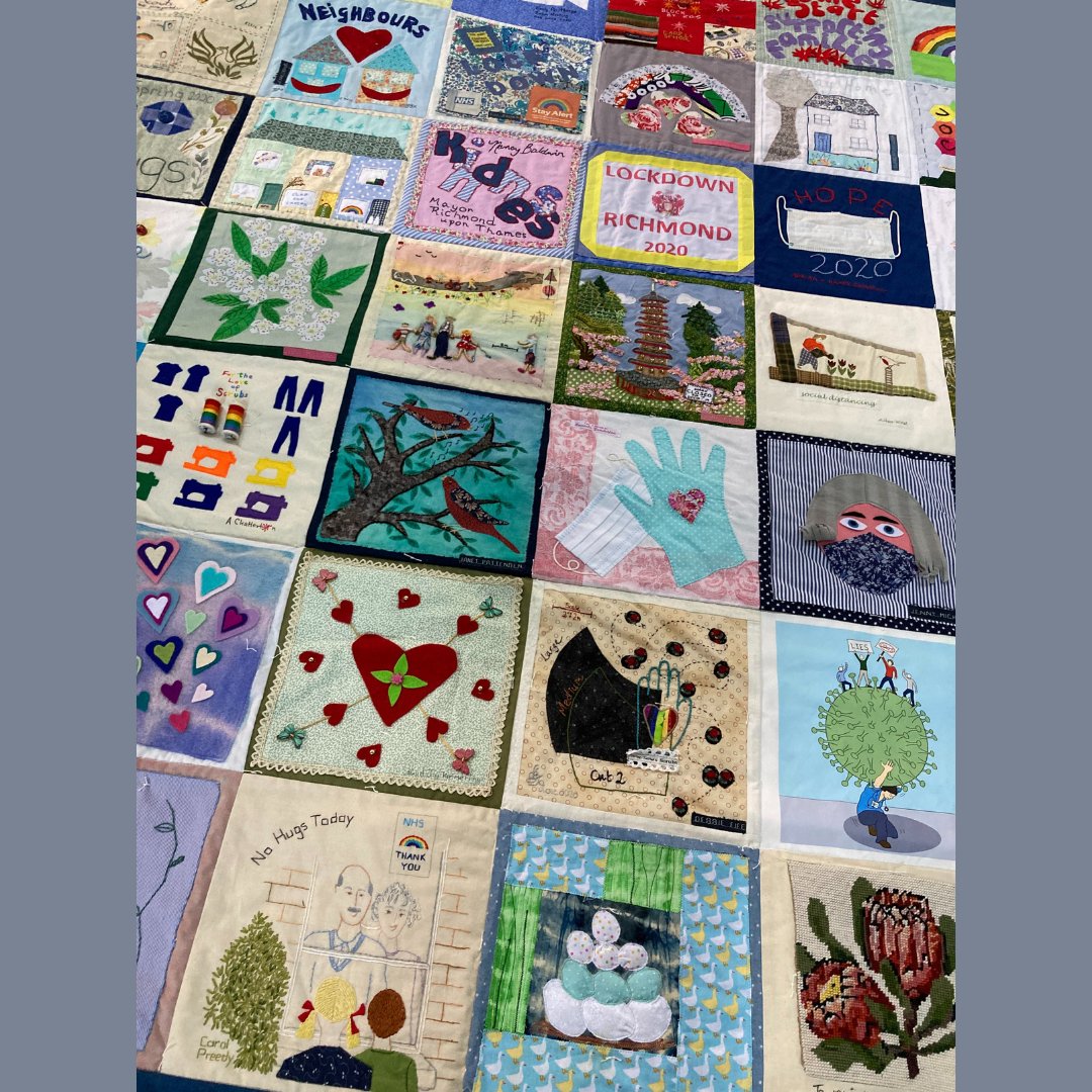 LandmarkArts's tweet photo. This Lockdown Richmond Quilt has been graciously loaned to us by the @museumrichmond and will be on display during the #textilesfair this weekend! #lockdownquilt #richmondmuseum #textilesfair22 #teddington https://t.co/ofBlnwYa0u