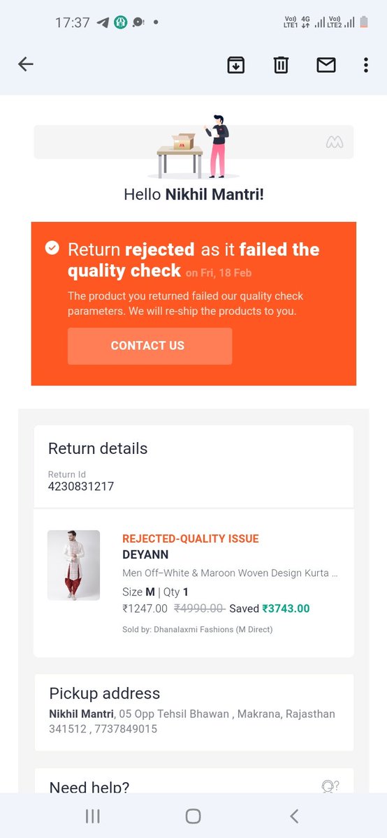 nikhilmantri789's tweet photo. First pic about I get return from seller 
Second pic awb no 
Third pic return package 
Fourth pic about product reject 
Where is my return product I ask only this ques from courier boy from 18 feb to today but get no ans plz solve this issue @XpressBees_IN https://t.co/VGNEJL6i8m