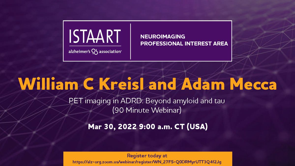Join the <a href="/ISTAART/">ISTAART</a> Alzheimer's Association #NeuroimagingPIA for our upcoming webinar, “PET imaging in ADRD: Beyond amyloid and tau.” Wednesday, March 30 @ 10 am US ET. Please register here: alz-org.zoom.us/webinar/regist…
Recorded &amp; available online ~ 2 weeks after the event.
