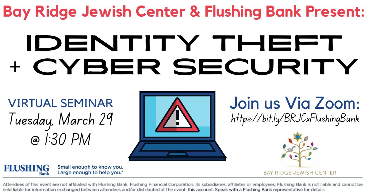 bayridgeJC's tweet photo. Join us for a FREE seminar on Identity Theft + Cyber Security, presented by Flushing Bank at 1:30pm on Tuesday March 29. Join via Zoom here: https://t.co/yKeKLlCkJM https://t.co/WH2rB7FQg6