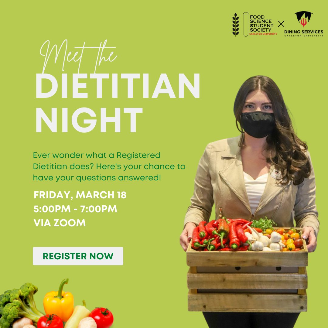 CarletonDining's tweet photo. Have any dietary 🍴 or nutrition related questions? Join our Registered Dietitian, Ruba El Mokahal and the Carleton Food Science Student's Society on March 18th 🗓️ to have all your burning 🔥 questions answered! Register through the link in @FSSS_CarletonU bio! #fsss https://t.co/OIXErRSC16