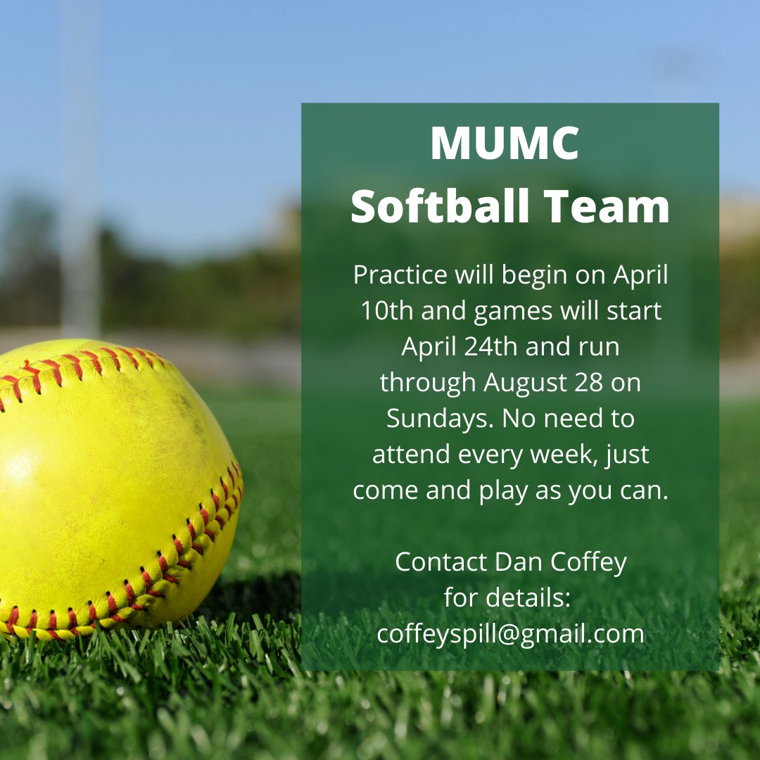 mtownumc's tweet photo. MUMC Softball Team

Practice will begin on April 10th and games will start April 24th and run through August 28 on Sundays. No need to attend every week, just come and play as you can.

Contact Dan Coffey for details: coffeyspill@gmail.com https://t.co/z3h6hV8mFn