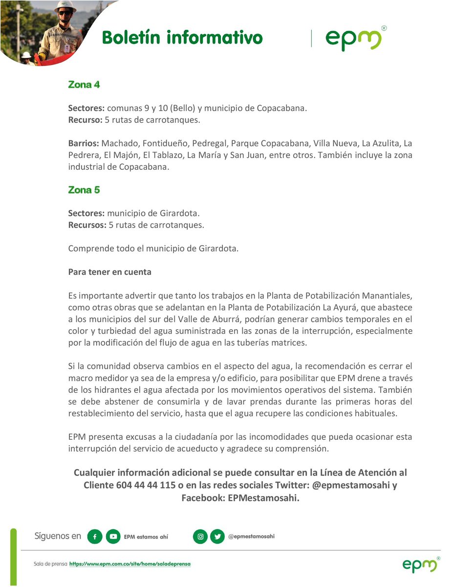 EPMestamosahi's tweet photo. 👷‍♂️💧Durante este puente festivo realizaremos trabajos técnicos en la Planta de Potabilización Manantiales, por lo que habrá interrupción de #AcueductoEPM en sectores de los municipios de Girardota, Copacabana, Bello y parte del norte de Medellín. Conoce más en este boletín 👇 https://t.co/geGe25W5Gs