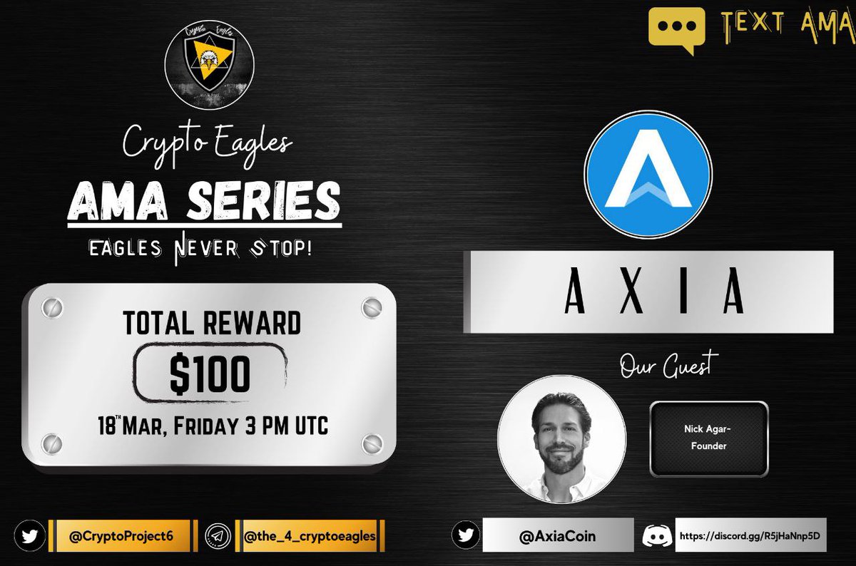 CryptoProject6's tweet photo. We are pleased to announce our next AMA on March 18th, 2022 at 3 PM UTC.

@CryptoProject6

 x 
@AXIACoin

Reward : $100
Requirements:
Follow :-
@CryptoProject6
 &amp; 
@AXIACoin

Like, RT, Tag your 3 Friends. https://t.co/BW1h0JEmSy