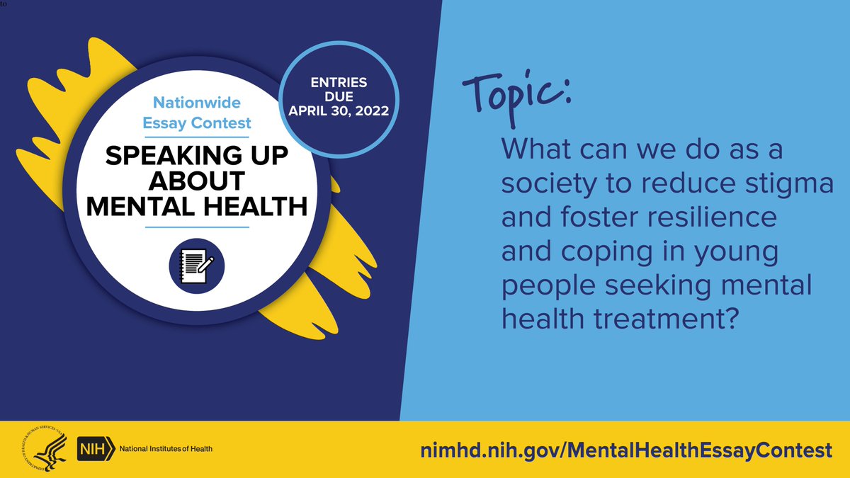 NIMHD's tweet photo. Know a student aged 16-18 who’s passionate about ending the stigma around #MentalHealth? NIMHD, @NICHD_NIH, &amp; @NIMHgov want to hear from them in this new essay challenge! Multiple cash prizes will be awarded. Learn more: https://t.co/1ppPP0mmJ0 #SpeakingUpMH https://t.co/DWiuoGTJth