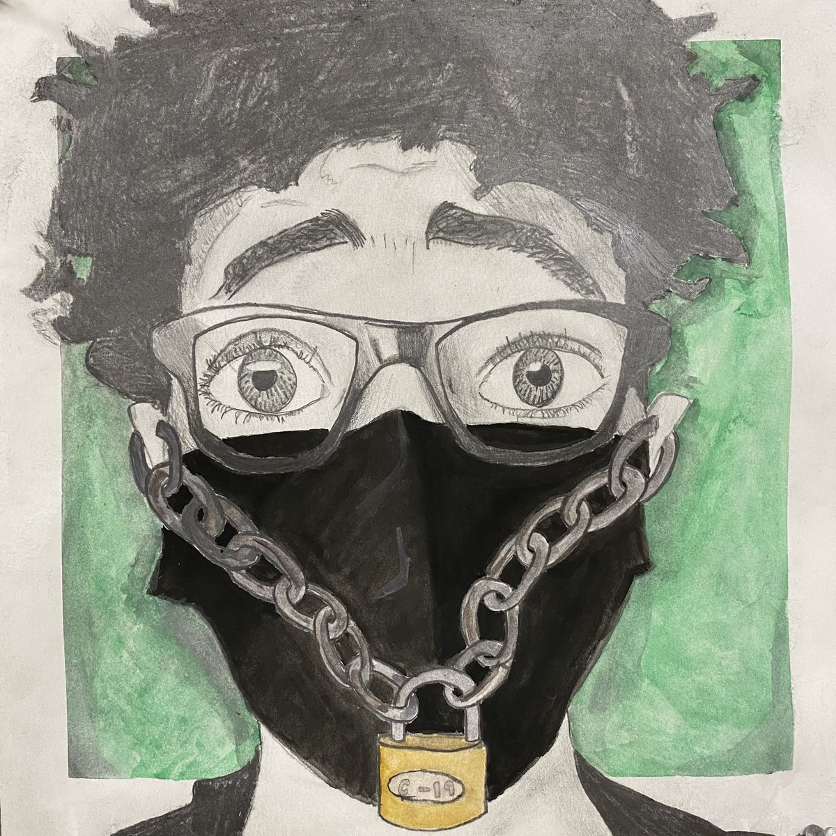 GlenelgHighArt's tweet image. Art 1 students were challenged with drawing a self portrait that included a mask that showed a symbolic depiction of their feelings through Covid. A picture is worth 1000 words. @hcpss_ghs @HCPSS