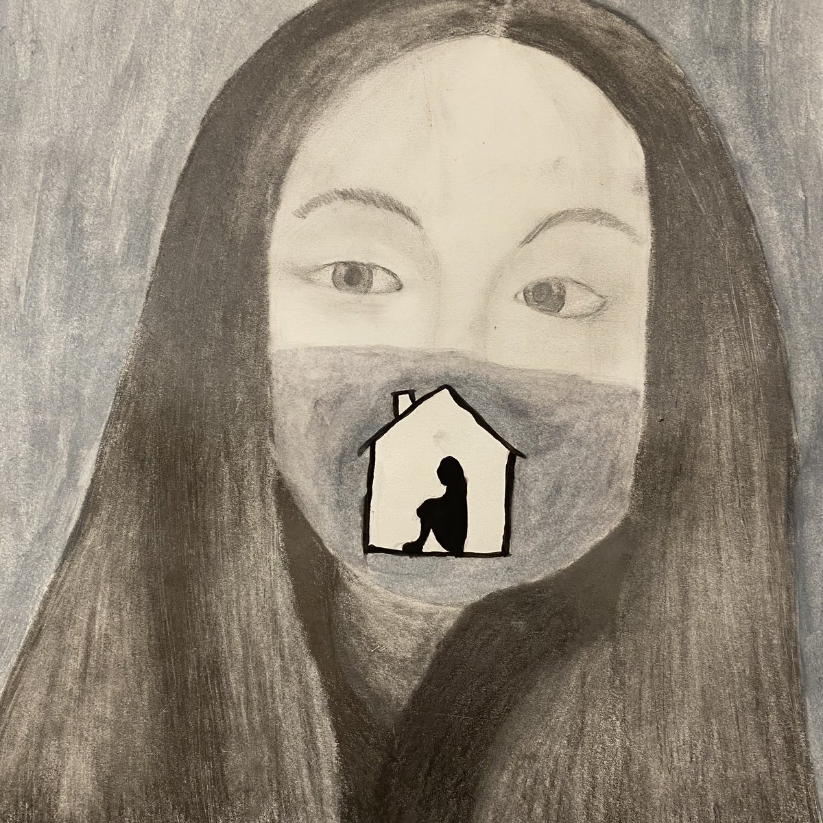 GlenelgHighArt's tweet image. Art 1 students were challenged with drawing a self portrait that included a mask that showed a symbolic depiction of their feelings through Covid. A picture is worth 1000 words. @hcpss_ghs @HCPSS