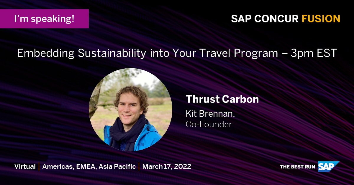 Our founder and director <a href="/kitbrennan/">Kit Brennan</a> will be speaking at #SAPConcurFusion today at 3pm EST. 

Learn about how to embed sustainability in to your travel programme! 🌱🌎

Don't miss out!!