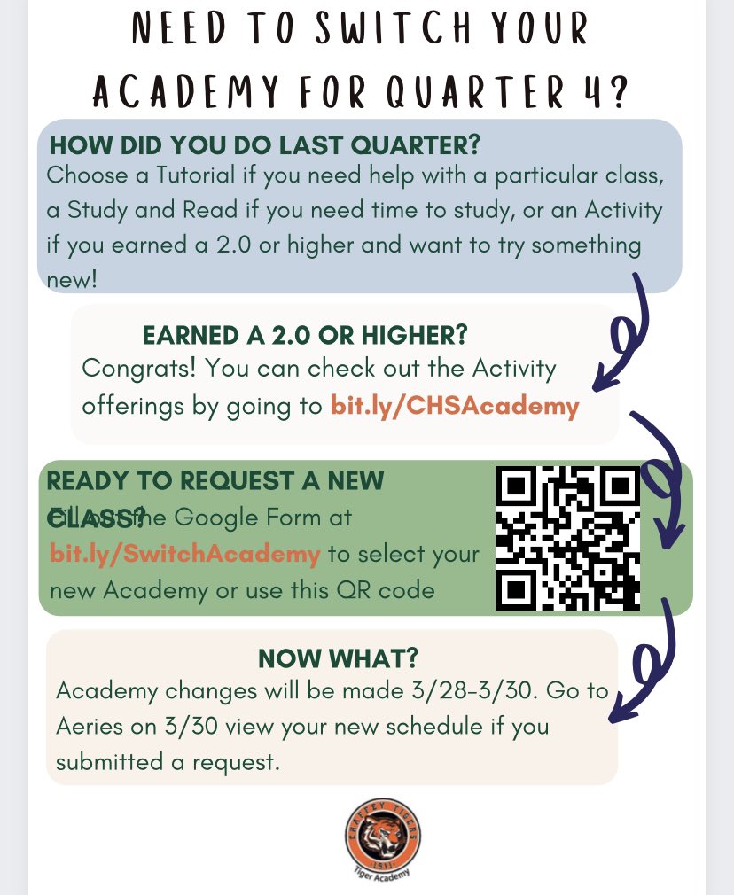 CHSTigerAcademy's tweet photo. Now is the time to request a change for Academy. Use the QR code or link below 🐅 https://t.co/UPLC8Qrrhy